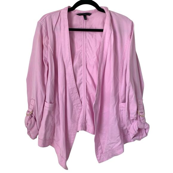 White House Black Market Jacket L Pink Collarless Open Drape Roll Tab Barbie - Picture 1 of 13